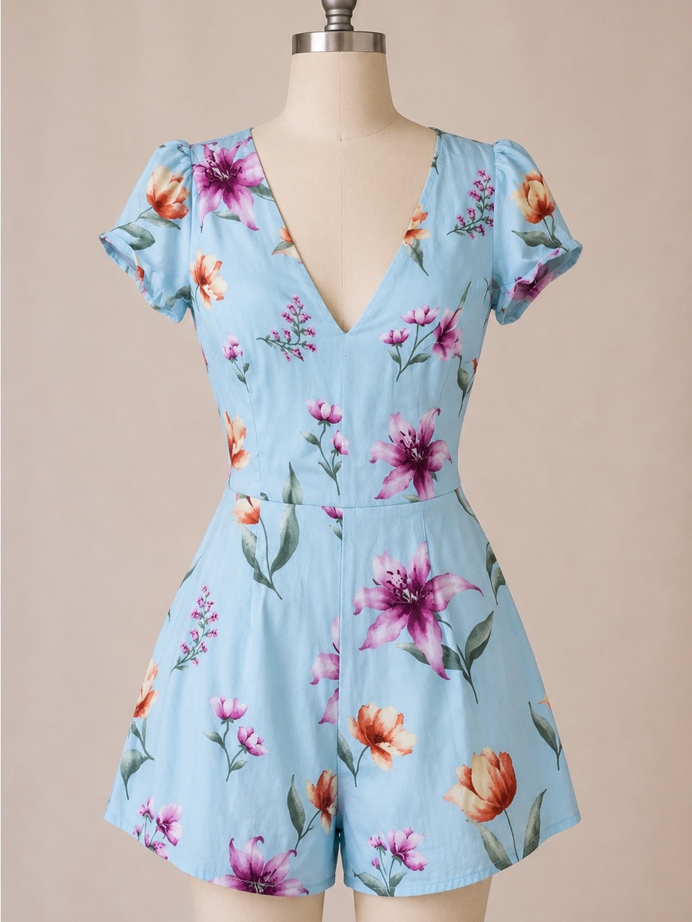 Forever 21 Light Blue Floral V-Neck Open Back Romper
